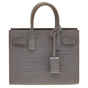 Pre Owned Saint Laurent Grey Croc Embossed Leather Nano Classic Sac De Jour Tote