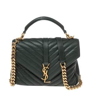 Pre Owned Saint Laurent Dark Green Matelassé Leather Small Loulou Top Handle Bag