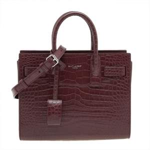 Pre Owned Saint Laurent Burgundy Croc Embossed Leather Nano Classic Sac De Jour Tote