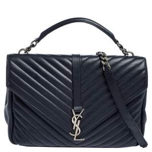 Pre Owned Saint Laurent Navy Blue Matelassé Leather Large College Top Handle Bag