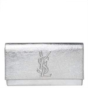 Pre Owned Yves Saint Laurent Metallic Sliver Leather Belle De Jour Flap Clutch