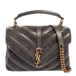 Pre Owned Saint Laurent Grey Matelassé Leather and Suede Medium College Top Handle Bag