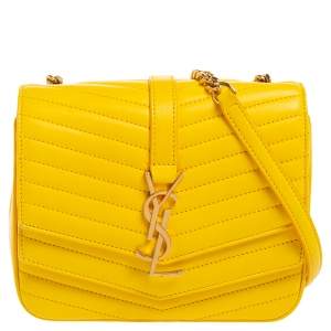 Pre Owned Saint Laurent Yellow Quilted Leather Small Sulpice Triple V-Flap Crossbody Bag 