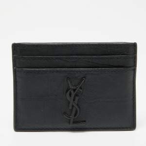 Pre Owned Saint Laurent Black Croc Embossed Leather Monogram Card Holder