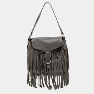 Pre Owned Yves Saint Laurent Grey Leather Fringe Flap Drawstring Shoulder Bag