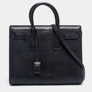 Saint Laurent Black Python Embossed and Leather Small Sac De Jour Tote