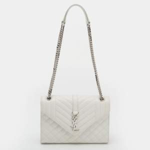 Pre Owned Saint Laurent White Tri Quilted Leather Monogram Envelope Shoulder Bag