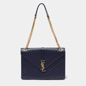 Pre Owned حقيبة كتف سان لوران جلد مونوغرامي أزرق كحلي مبطن نمط مظروف