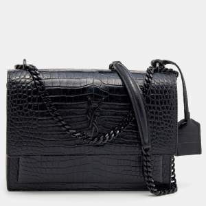 Pre Owned Saint Laurent Black Croc Embossed Leather Medium Sunset Shoulder Bag