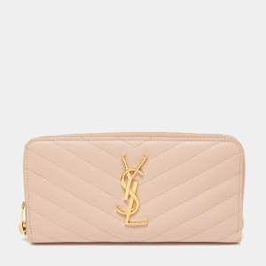 Pre Owned Saint Laurent Pink Matelassé Leather Monogram Zip Around Wallet