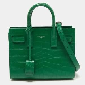 مملوكة مسبقًا Saint Laurent Green Croc Embossed Leather Nano Classic Sac De Jour Tote