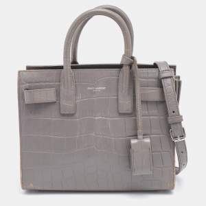 Pre Owned Saint Laurent Grey Croc Embossed Leather Nano Classic Sac De Jour Tote