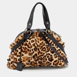 Pre Owned Yves Saint Laurent Beige Leather And Leopard Print Calf Hair Satchel