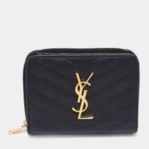 Pre Owned Saint Laurent Black Matelassé Leather Monogram Compact Wallet
