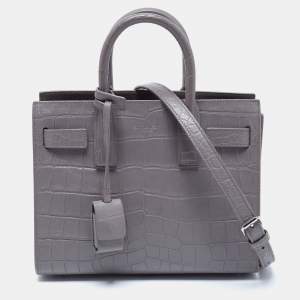 Pre Owned Saint Laurent Grey Croc Embossed Leather Nano Classic Sac De Jour Tote