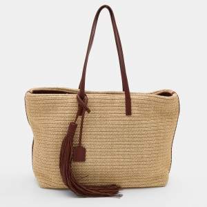 مملوكة مسبقًا حقيبة يد توتس سان لوران جلد ورافية مغزول بني/بيج دلاية بشراشيب