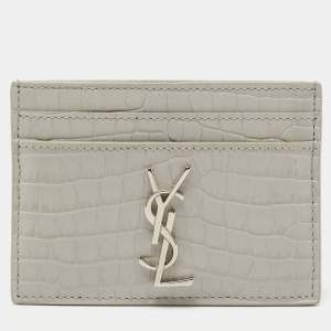 Pre Owned Saint Laurent Grey Croc Embossed Leather Monogram Card Holder