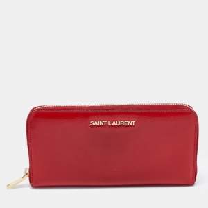 Pre Owned Saint Laurent Red Patent Leather Zip Around Wallet