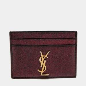 Pre Owned Saint Laurent Pink Glitter Patent Leather Monogram Card Holder