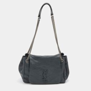 مملوكة مسبقًا Saint Laurent Dark Grey Crinkled Leather Niki Shoulder Bag