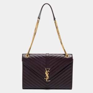 Saint Laurent Burgundy Matelassé Leather Large Monogram Envelope Shoulder Bag