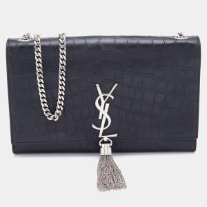 Saint Laurent Black Croc Embossed Leather Medium Kate Chain Crossbody Bag