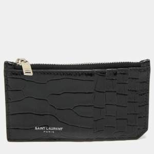 Saint Laurent Black Croc Embossed Leather Fragment Zip Card Holder