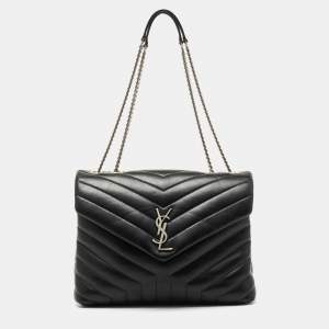 Pre Owned Saint Laurent Black Matelassé Leather Medium Loulou Shoulder Bag