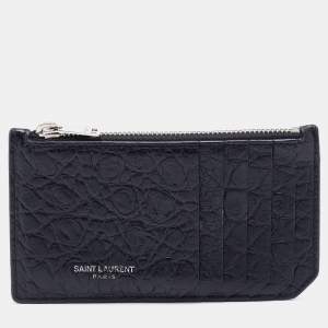 Saint Laurent Black Croc Embossed Leather Zip Card Case