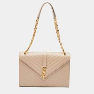 Saint Laurent Beige Matelassé Leather Large Monogram Envelope Shoulder Bag