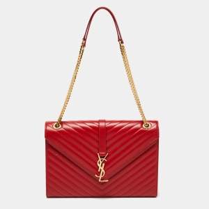 Saint Laurent Red Matelassé Leather Large Monogram Envelope Shoulder Bag