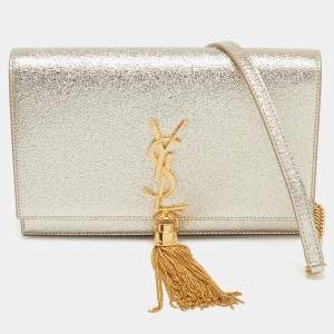 Pre Owned Saint Laurent Gold Textured Leather Kate Wallet on Chain 