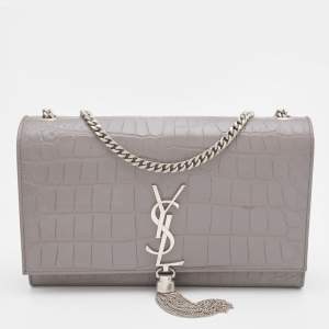 Saint Laurent Grey Croc Embossed Leather Kate Tassel Shoulder Bag