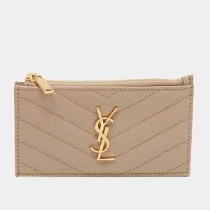 Saint Laurent Beige Matelasse Leather Cassandra Zip Card Case