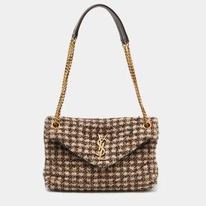 Saint Laurent Burgundy/Beige Tweed Small Puffer Shoulder Bag