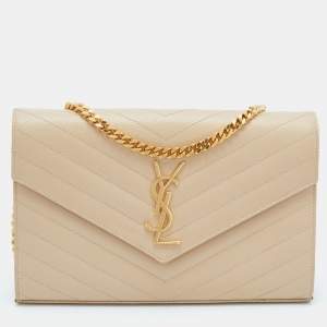 Saint Laurent Beige Matelassé Leather Cassandre Wallet on Chain