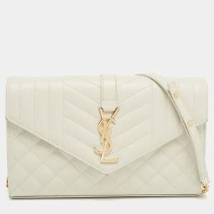 Saint Laurent White Mix Matelassé Leather Monogram Flap Chain Clutch
