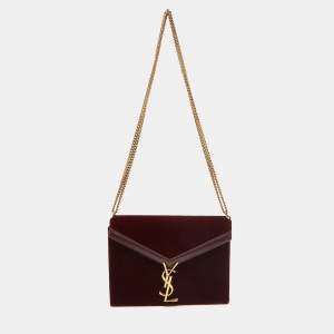 Saint Laurent Burgundy Velvet and Leather Medium Cassandra Bag