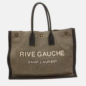 Saint Laurent Black/Beige Embroidered Canvas Rive Gauche Tote