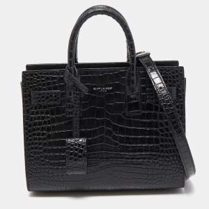 Saint Laurent Black Croc Embossed Leather Nano Classic Sac De Jour Tote