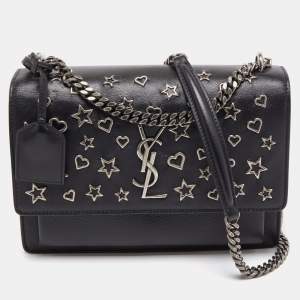 Saint Laurent Black Leather Medium Heart and Star Sunset Chain Shoulder Bag