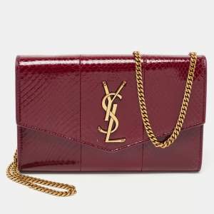Saint Laurent Red Karung Leather Monogram Wallet on Chain