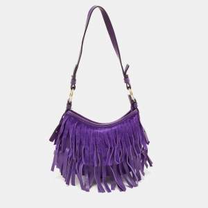 Pre Owned Saint Laurent Purple Fringed Suede And Leather Shoulder Bag