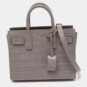 Pre Owned Saint Laurent Grey Croc Leather Nano Classic Sac De Jour Tote