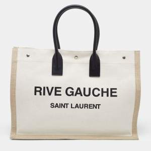 مملوكة مسبقًا Saint Laurent Beige/Black Linen and Leather Rive Gauche Shopper Tote 