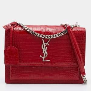Saint Laurent Red Shiny Croc Embossed Leather Medium Sunset Shoulder Bag