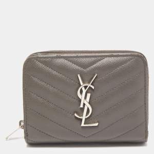 Saint Laurent Grey Matelasse Leather Monogram Compact Zip Wallet