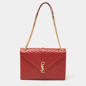 Saint Laurent Red Matelassé Leather Large Monogram Envelope Shoulder Bag