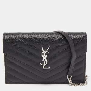 Saint Laurent Black Leather Cassandre Chain Clutch