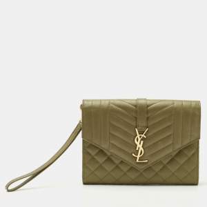 Saint Laurent Olive Green Mix Matelassé Leather Envelope Flap Clutch